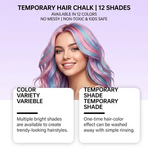 Infografik-Details zu den Merkmalen von temporärer Haarkreide in 12 hellen Farben.
