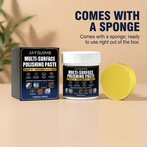 Multi-surface polishing paste set with jar, box, and application sponge for cleaning.