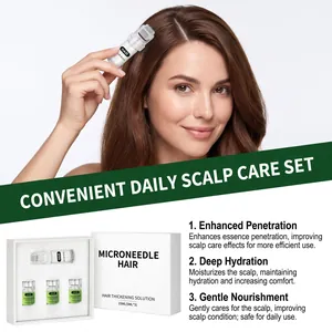 Caucasian woman using microneedle roller and hair thickening solution for scalp care.