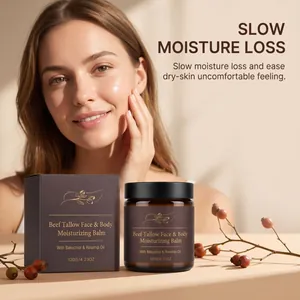 Natural beef tallow moisturizing balm for face and body shown with rosehip oil detail