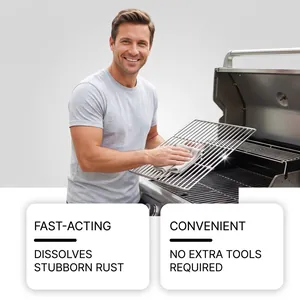 Smiling man cleaning a stainless steel BBQ grill grate with fast-acting rust remover spray