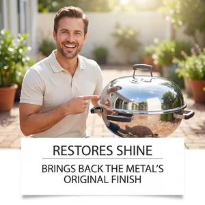 Detail showing the restore shine effect on a metal BBQ grill surface with rust remover