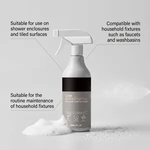 Vue détaillée du flacon pulvérisateur Lime Scale Dissolver avec instructions et mousse.