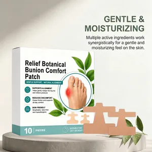 Detailed view of bunion relief patches and packaging featuring botanical ingredients.