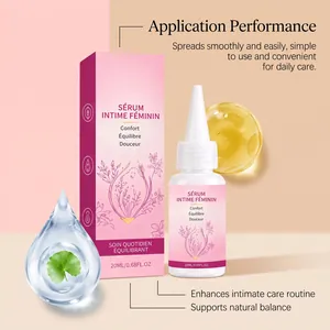 Vue détaillée du sérum intime féminin avec flacon et emballage au design floral rose
