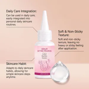 Vue détaillée du flacon de sérum de soin intime pour femme avec une goutte de liquide transparente