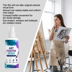 Professional 100ml art fixative spray bottle shown with artist in a creative studio scene
