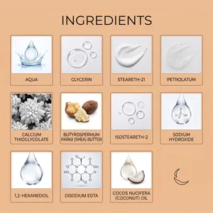 Lista detallada de ingredientes para crema depilatoria facial suave con aceite de coco y manteca de karité