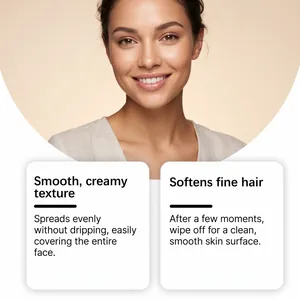 Primer plano de una mujer sonriente con tarjetas de crema depilatoria para el rostro