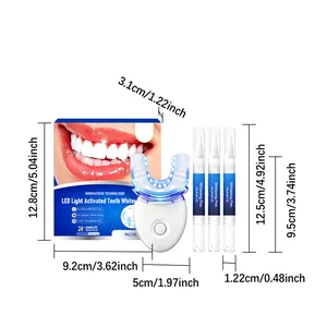 Detailed dimensions of LED teeth whitening kit including pens and light