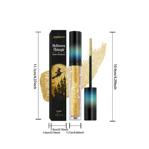 Detailed view of Zephoco gold glitter mascara with dimension labels and box.
