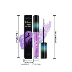 Detailed size diagram showing height and width for purple glitter mascara tube and box