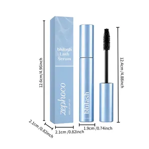 Abmessungen von blauem Wimpernserum und Schachtel mit Bürstendetail, 10ml Inhalt.
