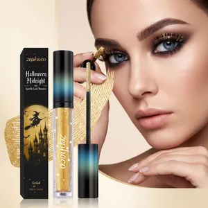 Close-up of model applying Zephoco gold glitter mascara for a dramatic Halloween makeup look