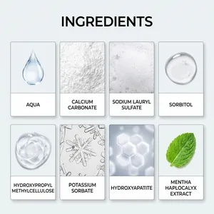 Detalle de los ingredientes naturales de la pasta dental como menta y fórmula hidroxiapatita.
