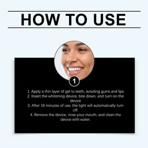 Visual instruction guide on how to use teeth whitening gel and LED whitening device