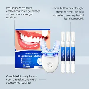 Detail view of professional teeth whitening kit including LED device and three gel pens