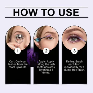 Step-by-step application guide for purple glitter mascara for Halloween makeup