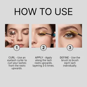 Instructional guide showing how to use gold glitter mascara for long lasting curled lashes