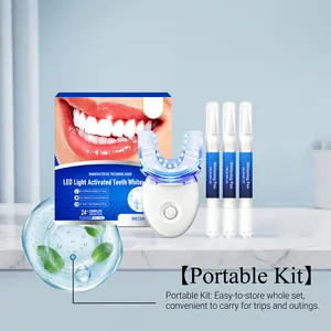 Complete portable teeth whitening kit with LED light, three whitening pens, and box