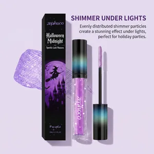 Detailed close-up of zephoco purple sparkle mascara with Halloween theme packaging box