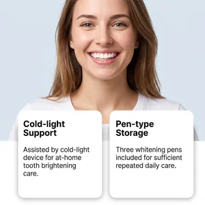 Close-up of white teeth with cold-light support and whitening pen details.