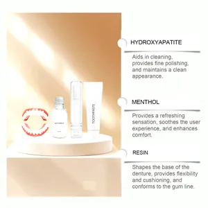 Ingredients of denture repair kit: Hydroxyapatite, Menthol, and Resin for comfort.