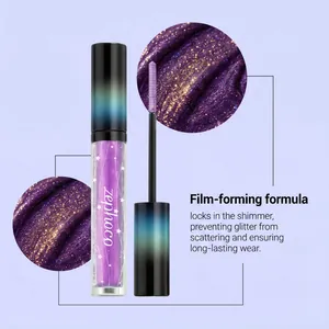 Purple glitter mascara detail showing film-forming formula and shimmer texture