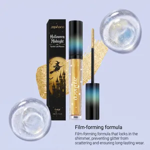 Close-up of Zephoco Halloween Midnight gold glitter mascara with film-forming formula details