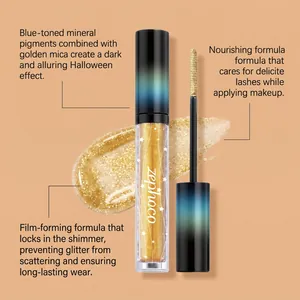 Detail of Zephoco gold glitter mascara showing nourishing formula and shimmering texture