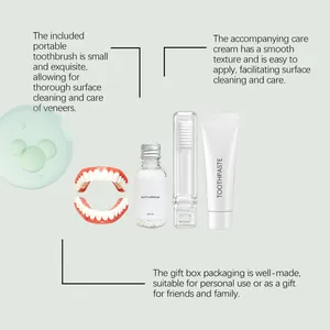 Detailed view of dental veneer kit contents with adhesive beads and portable brush.