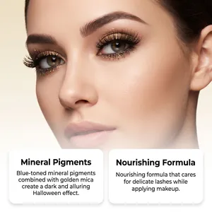 Close-up detail of golden glitter mascara on long lashes with nourishing formula