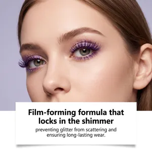 Close-up of purple glitter mascara showing long-lasting film-forming shimmer on lashes.