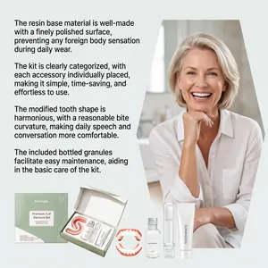 Full denture repair kit with silicone teeth and cleaning accessories for a natural smile.