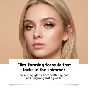 Close-up of golden glitter mascara effect on eyelashes showing the film-forming formula