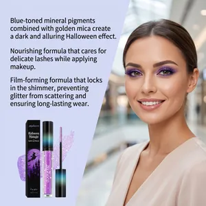 Detail view of purple sparkle mascara with model demonstrating the alluring Halloween shimmer effect.