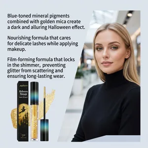 Close-up of zephoco Halloween Midnight Gold Sparkle Lash Mascara and model's golden makeup look.