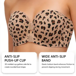 Strapless push-up bra with leopard print, 3D molded cups and wide anti-slip band detail.