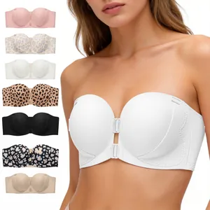 Womens strapless push up bra front buckle anti slip underwear variant color display