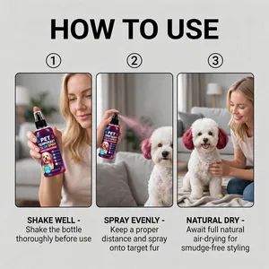 Guía de 3 pasos para aplicar el espray de color temporal en un perro blanco.