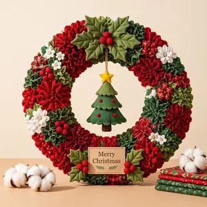3D Fluffy Cotton Punch Needle Christmas Wreath DIY Kit Handcrafted Christmas Ornament Hanging Decoration For Home Holiday Party Decor
