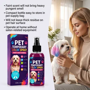 Vista detallada del spray colorante temporal profesional para mascotas con un perro teñido