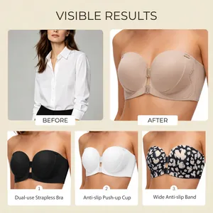 Strapless push-up bra with front buckle design, anti-slip band, secure support and comfort.