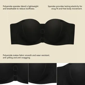 Strapless push-up bra detail view showcasing breathable polyamide blend fabric and front buckle.