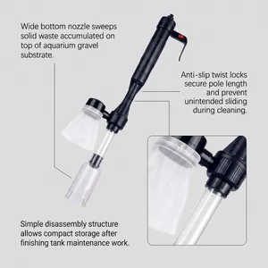 Close-up detail of electric aquarium gravel cleaner with filter bag and nozzle