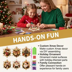 Detail view of DIY diamond painting Christmas ornament kit featuring festive snowflake and Santa designs.