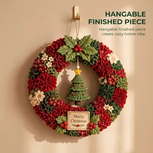 Detailed view of a handmade 3D fabric Christmas wreath hanging on a wall hook