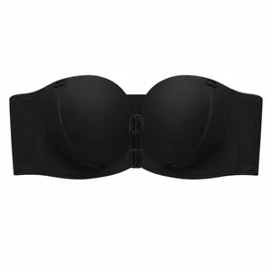 Black strapless push-up bandeau bra with front buckle closure, anti-slip secure support design.