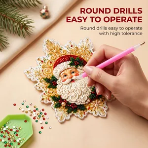 DIY snowflake Santa diamond painting fridge magnet kit with colorful round drills for holiday decor.