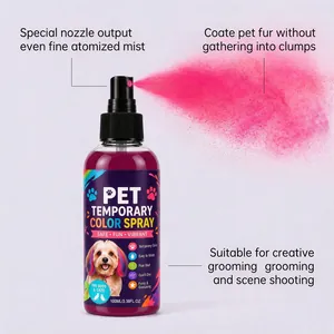 Detalle del bote de espray de color temporal para mascotas con efecto niebla rosa.